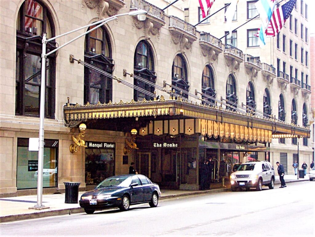 Historic main entrance to the Drake Hotel in Chicago. Holiday tea here is one of the unique fun things to do in Chicago with kids in December.