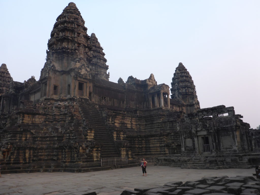 Inside a temple at angkor wat with kids