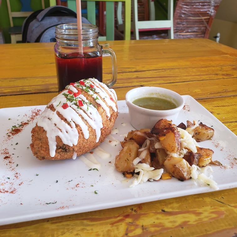 Stuffed poblano with hibiscus juice, David's breakfast at Mango.
