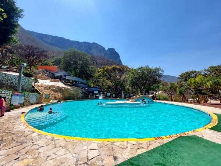 The larger round pool near Hotel El Paraiso at Grutas Tolantongo Hot Springs. Photo was taken during the day.
