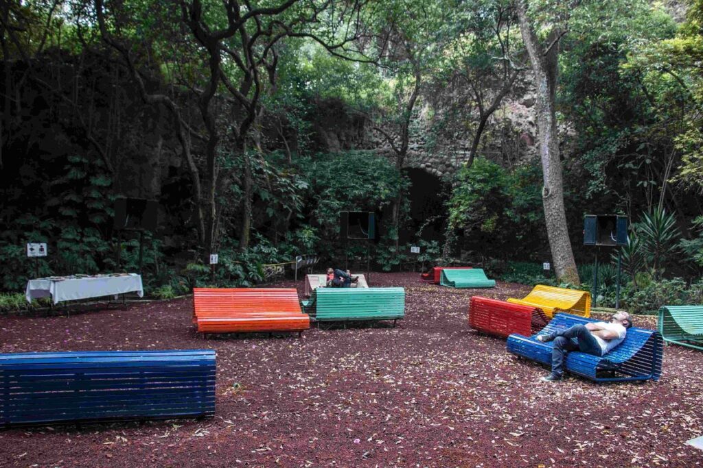 Colorful benches at Audiorama in Chapultepec Park. A man is sitting on a blue bench, listening to calming music.