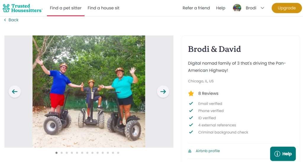 Computer screen shot of our family's profile on Trusted HouseSitters.