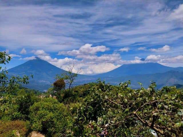It's easiest to see the Pacaya and Fuego volcanoes from Hobbitenango Guatemala on a clear day.