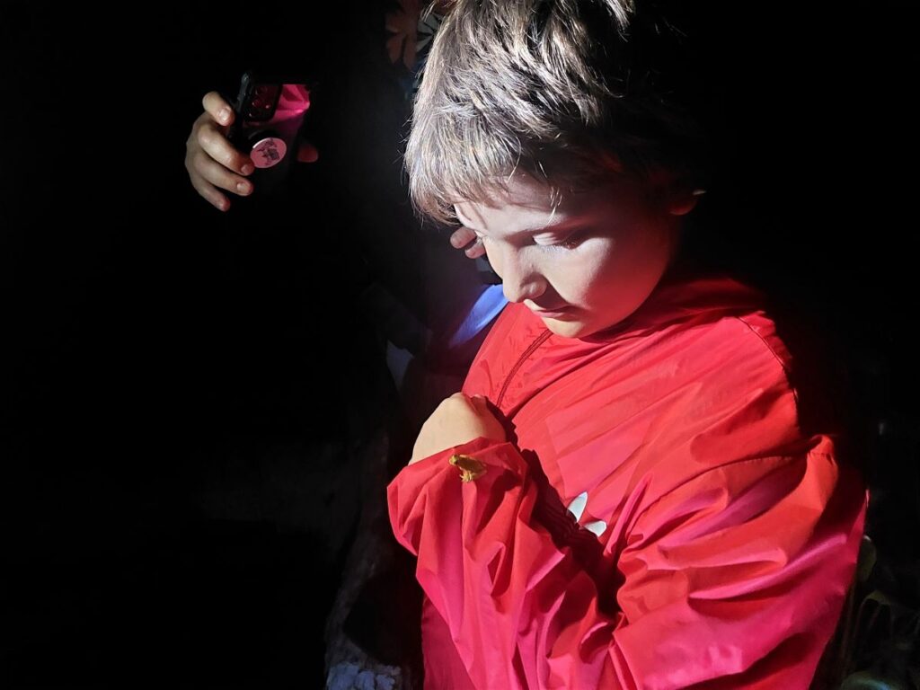 LIttle Man holding still because a small pond frog jumped onto his red rain jacket sleeve during a Monteverde night walk.