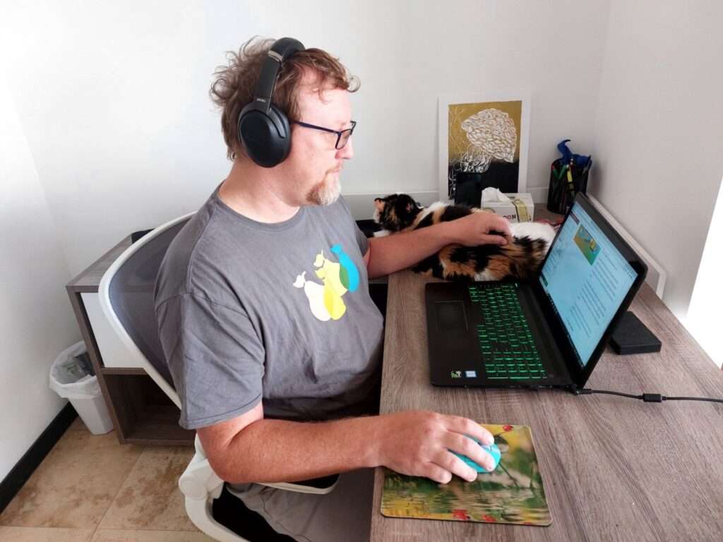 David preparing to teach a lesson while house sitting