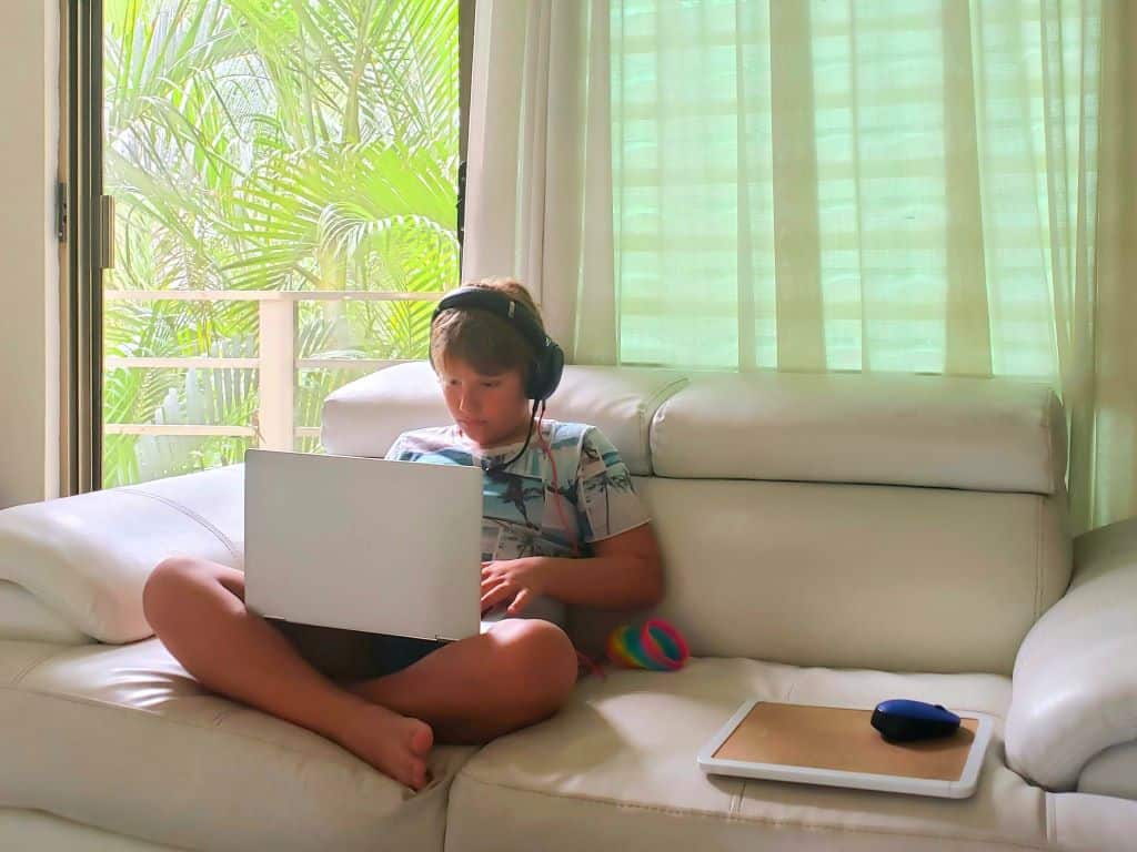 Little Man attending his Kubrio virtual homeschool group in Playa del Carmen, Mexico.