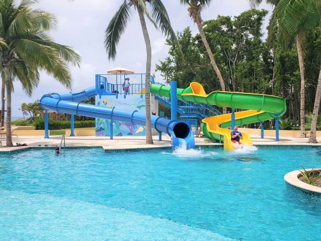 David on a water slide at a resort in Riviera Maya Mexico