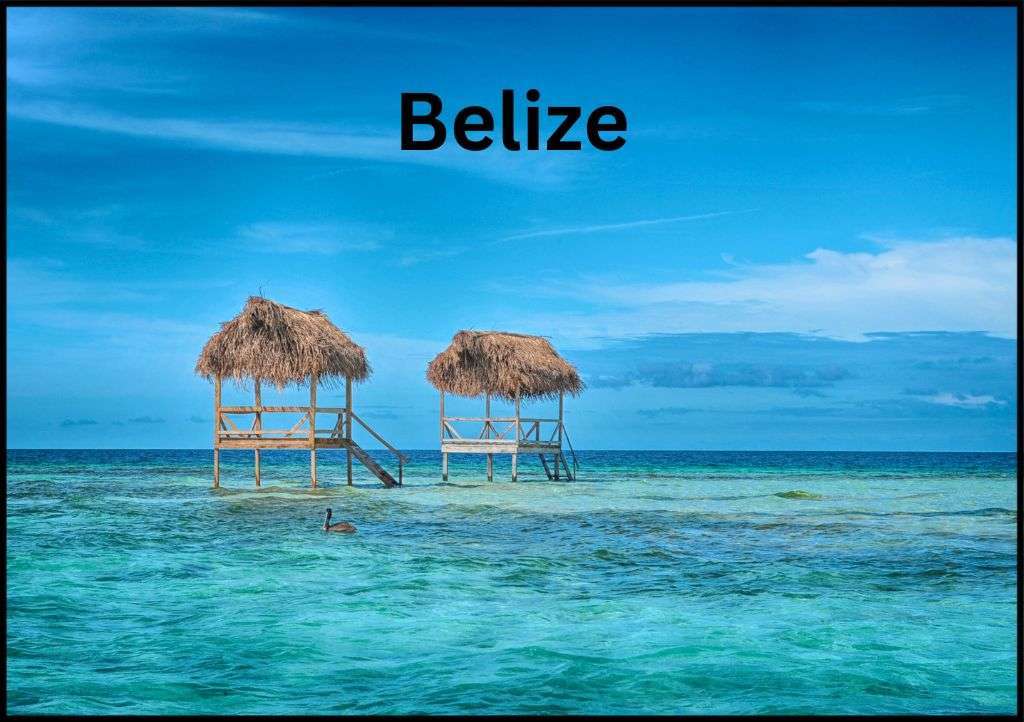 Waters off the coast of Belize, the northernmost country to visit in Central America with Kids, with the word "belize" above it.