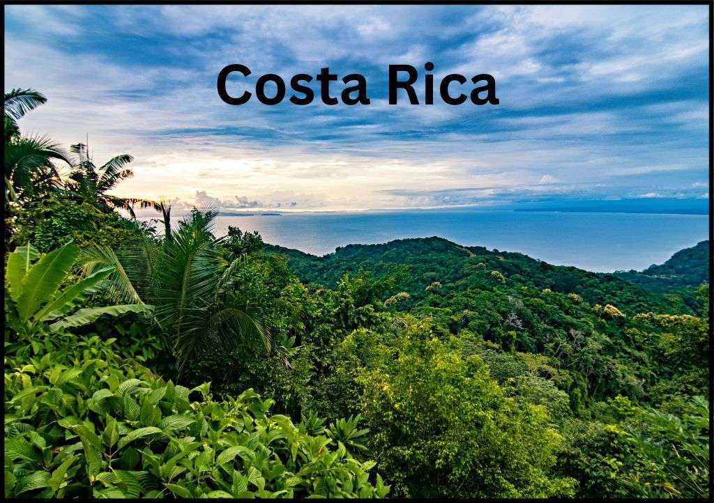 The Pacific jungle coast of Costa Rica with the ocean beyond it and the words "Costa Rica" above it.