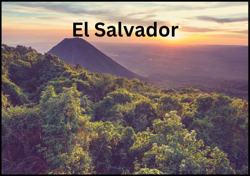 Sunset over a volcano in Al Salvador with the words "El Salvador" above it.