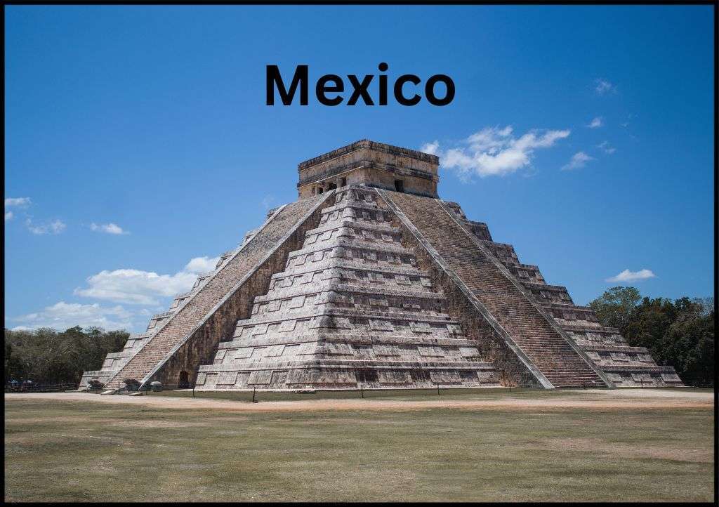 Chichen Itza pyramid with "Mexico" above it.