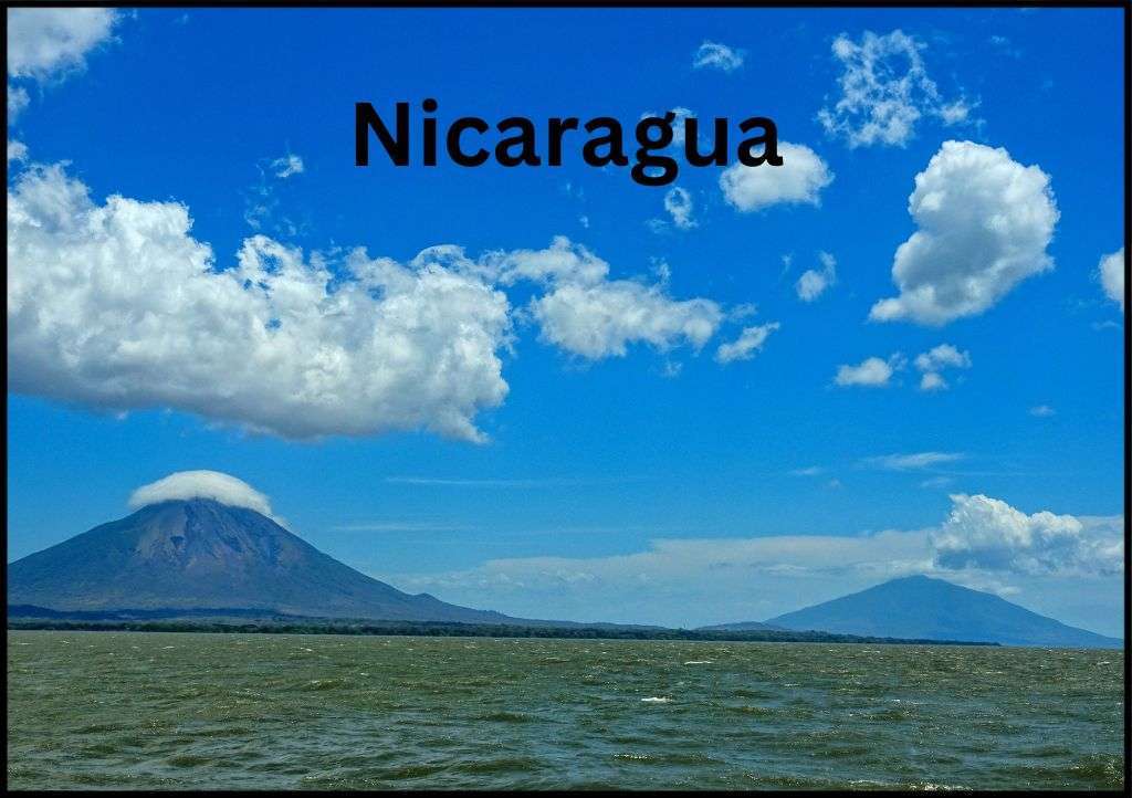 Two volcanoes on Ometepe Island with the word "Nicaragua" above them.
