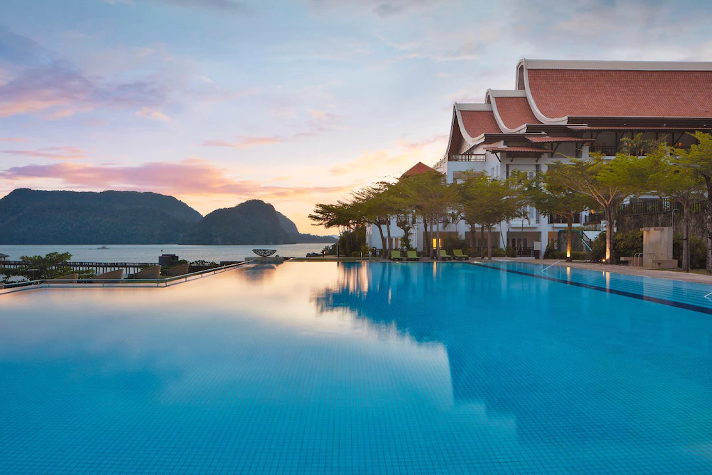 View of the pool, Andaman Sea, and hotel at Westing Langkawi Resort & Spa.