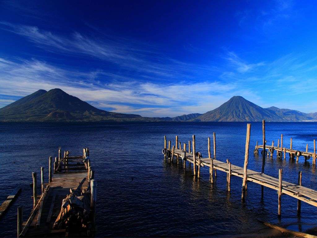 Docks on Lake Aititlan for kayaking in Guatemala.