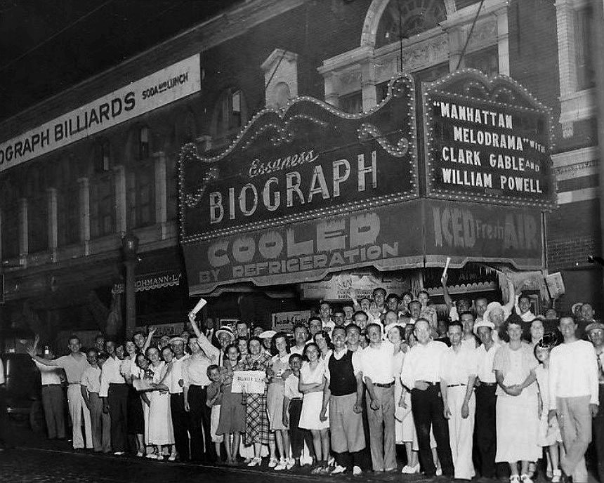 People standing outside the Biograph Theater after John Dillinger was killed. This theater is a stopping point for some ghost tours in chicago.
