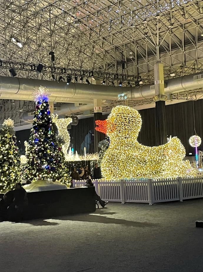 Festive trees and a 'rubber ducky' made of christmas lights at the Navy Pier Winter WonderFest in Chicago.