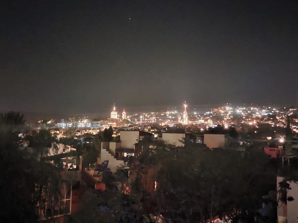 Night view of San Miguel de Allende Centro, with all the churches lit up.