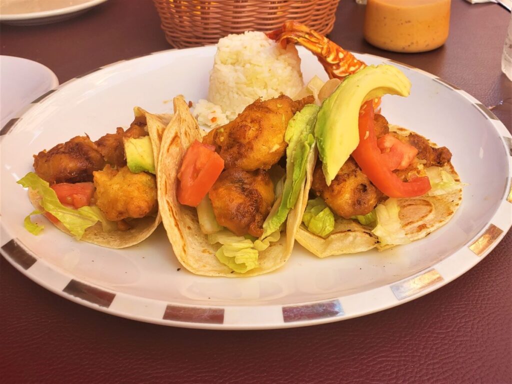 three fried fish tacos with avocado slices in soft tortillas on a plate