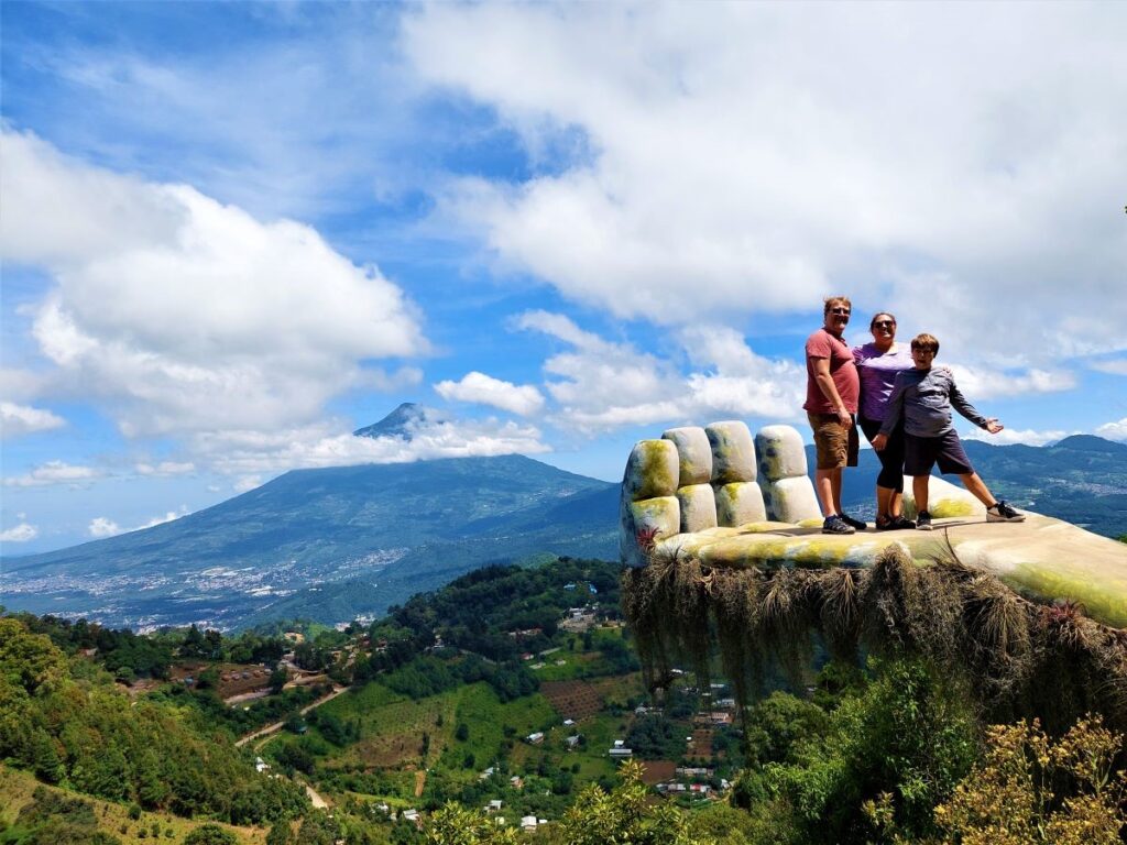 Our family on the troll hand at Hobbitenango in Antigua Guatemala
