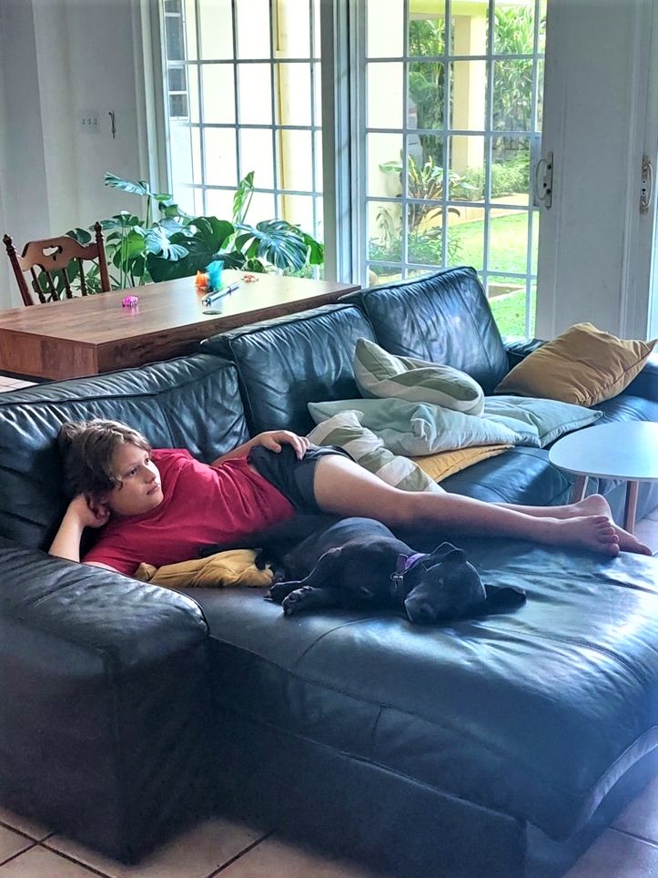 Little Man laying on a black leather couch with a black, mid-sized dog taking a nap next to him during a house sit in Panama.