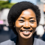 Headshot of a black woman with her hair pulled back, smiling with a city blurry behind her.
