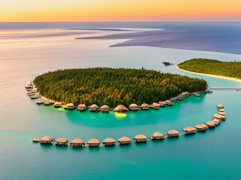 Overwater bungalows near an island surrounded by vibrant blue-green water.
