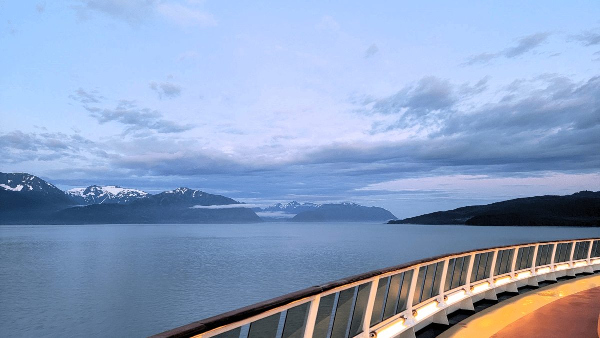 A view of the mountains during an alaskan cruise, taken from the main deck.