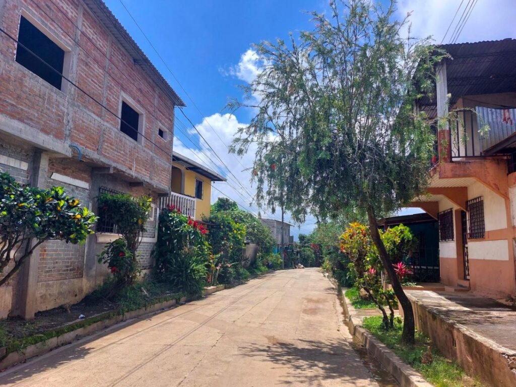Residential road in a small town in western El Salvador lined with colorful flowers