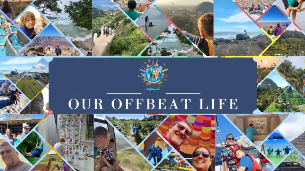 Collage of our Family Pics with Our Offbeat Life logo in the middle