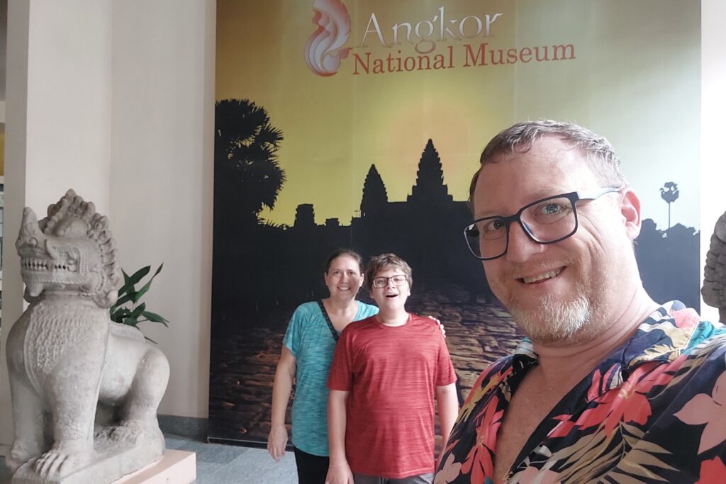 Family selfie at the Angkor National Museum in Siem Reap with kids