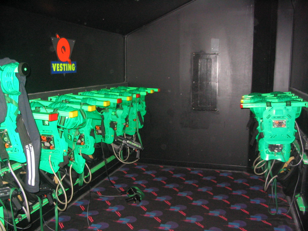 Racks of laser tag equipment
